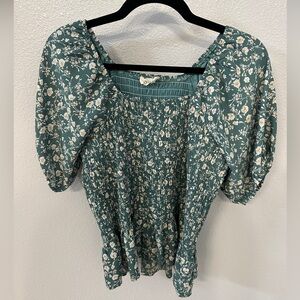 Roolee Ruched Floral Green Peplum Blouse - Size M